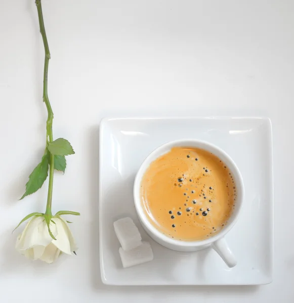 Vista della tazza di caffè con rosa bianca — Foto Stock