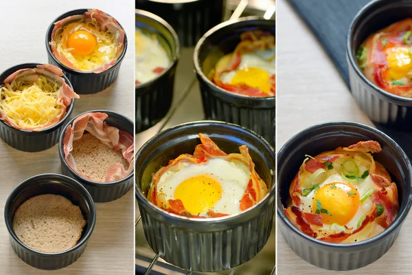 Frukost koppar ägg med bacon — Stockfoto