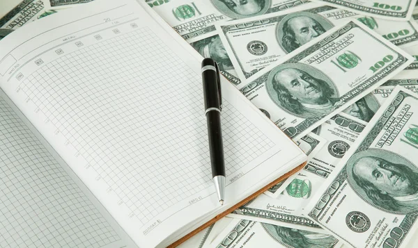 Background with money american hundred dollar and pen and note — Stock Photo, Image