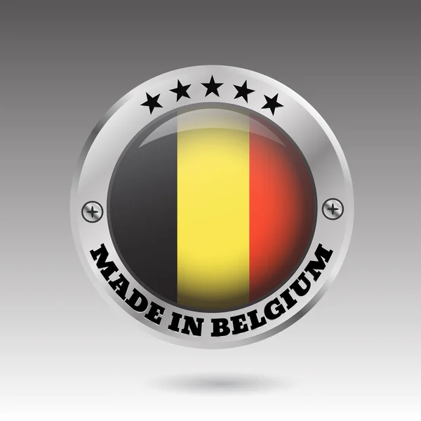 Fabriqué en insigne argenté belgique et icône avec symbole de drapeau brillant — Image vectorielle