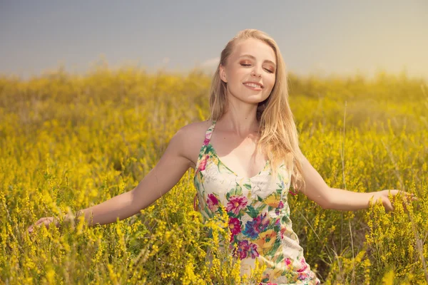 Blonde sexy young beautiful girl in the field photo — Stock Photo, Image