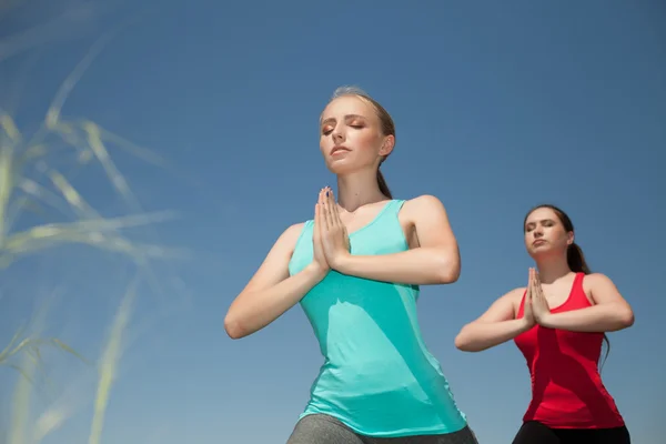 Två unga kvinnor gör yoga utomhus visar foto yoga poser — Stockfoto