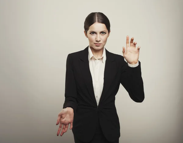 Brunette jonge zakenvrouw geïsoleerd bedrijf handen — Stockfoto