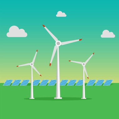 Rüzgar santrali ve rüzgar türbinleri düz endüstriyel konsept vektör illüstrasyonu 10 puan  