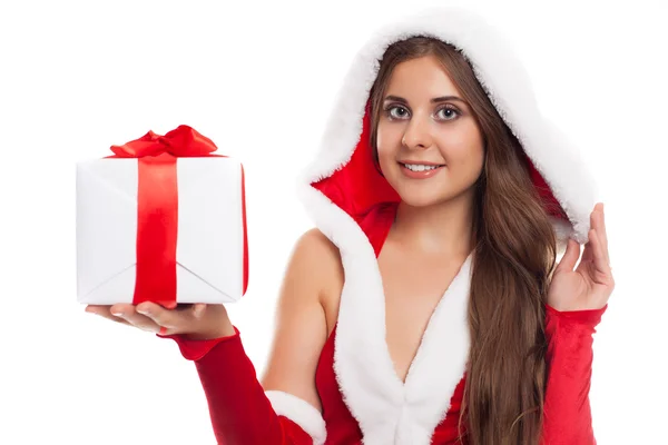 Christmas Santa hat isolated woman portrait hold christmas gift. — Stock Photo, Image