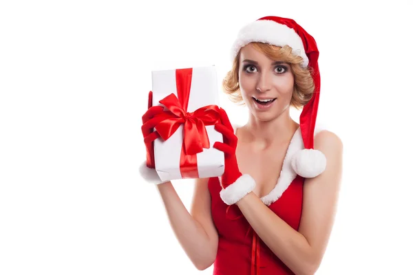 Picture of cheerful santa helper  blond girl with gift box — Stock Photo, Image