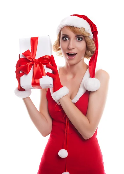 Picture of cheerful santa helper girl with gift box — Stock Photo, Image