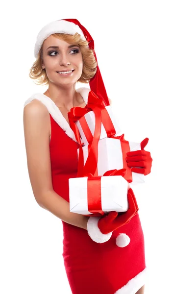 Beautiful and emotional Santa girl in Christmas swimsuit over wh — Stock Photo, Image