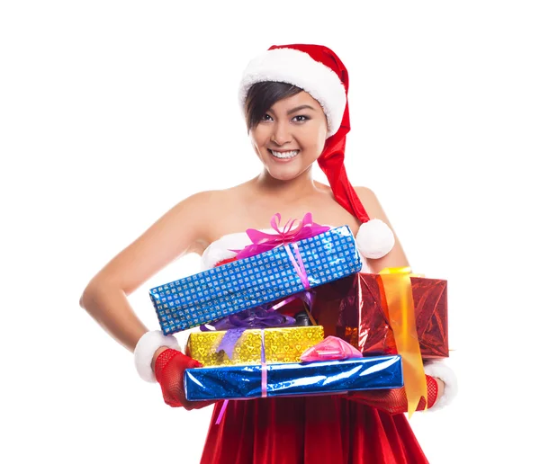 Christmas kvinna med gåvor Santa hatt. Iisolated på whi — Stockfoto