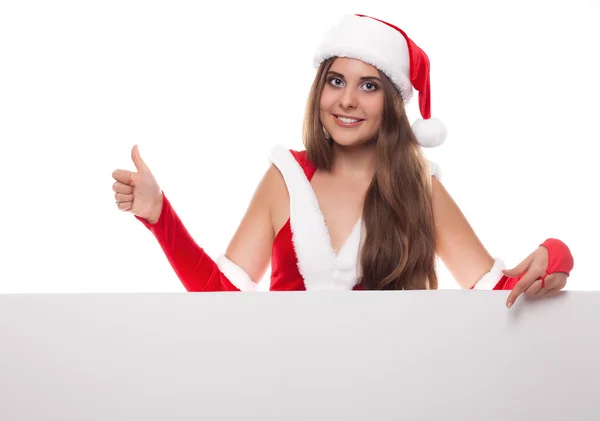 Woman in red dress and hat with an empty billboard, white backgr — Stock Photo, Image