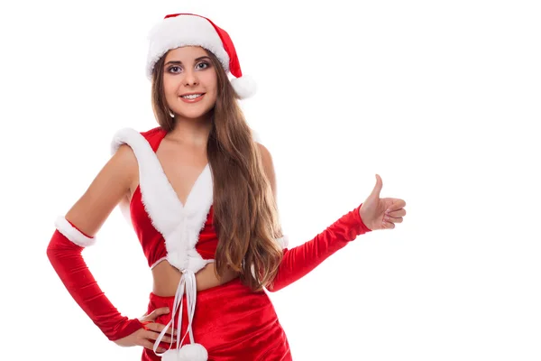 Счастливая смеющаяся брюнетка, одетая в костюм Санта-Клауса — стоковое фото