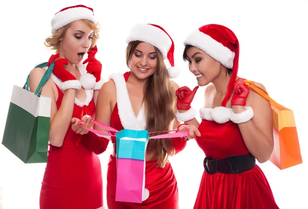 Beautiful sexy girls wearing santa claus clothes with shoping ba — Stock Photo, Image