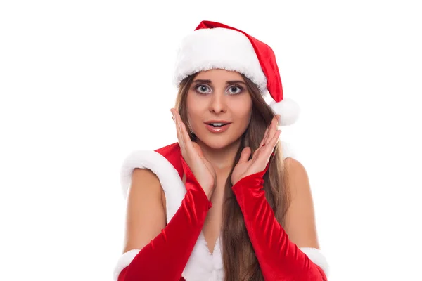 Noel kadın. Whit üzerinde Santa şapka modeli kız güzellik izole — Stok fotoğraf