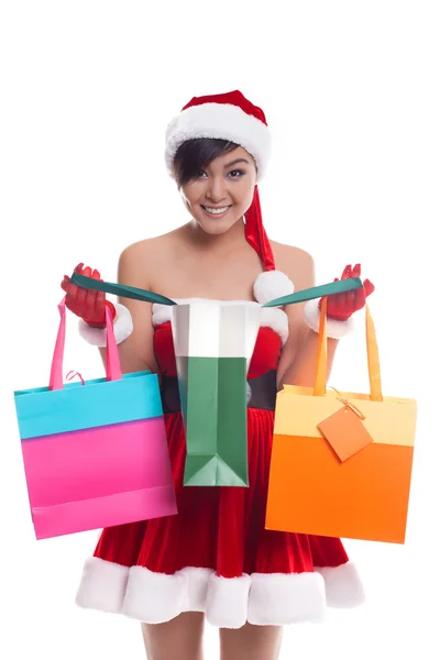 Mujer joven tomar bolsas de compras con la cara sonrisa feliz aislado ov —  Fotos de Stock