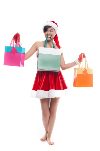 Mujer tomar bolsas de compras con la cara sonrisa feliz aislado sobre whi —  Fotos de Stock