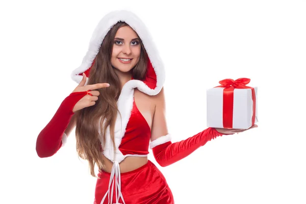 Young beautiful and emotional Santa girl with present box over w — Stock Photo, Image