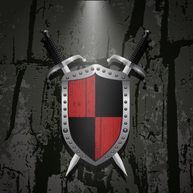 Board on a stone wall background behind it two swords eps 10 clipart