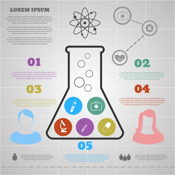 Modelo infográfico com silhueta de frasco e ícones ciência res —  Vetores de Stock