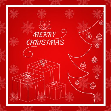 Noel kartı hediye kutusu ve ağaç elle çizilmiş vektör çizim 