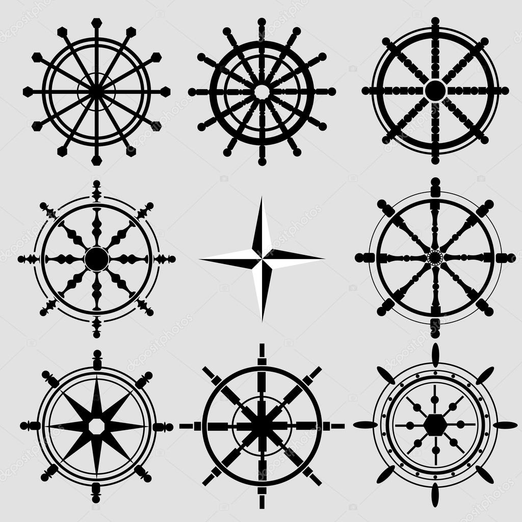 Vector rudder black and white flat icons set. Rudder wheel illustration. Boat wheel control rudder vector icons set. Rudders, ships, sea, wheel, round, control, yacht, cruise eps 10