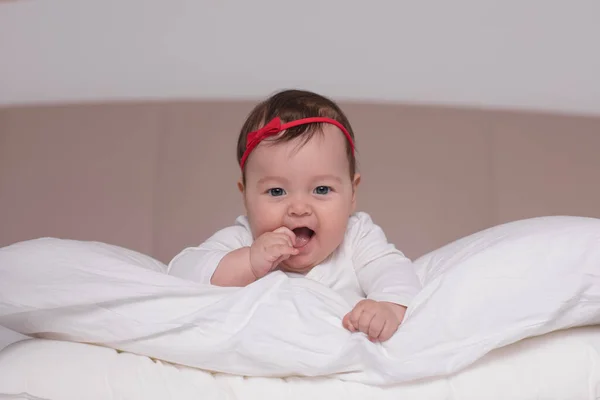 Cute Caucasian Newborn Lying Bed — Stock Photo, Image