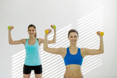 İki genç çekici kadın içinde dumbbells ile egzersizleri yapıyor