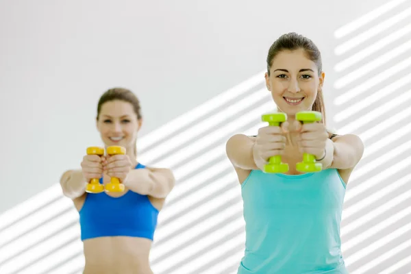 Kadınlar dumbbells ile egzersizleri yapıyor — Stok fotoğraf