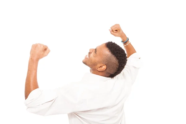 African man smiling and making fist gesture of happiness — Stock Photo, Image