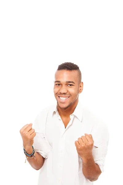 Afryki człowiek uśmiechający się i podejmowania gest pięść szczęścia — Zdjęcie stockowe