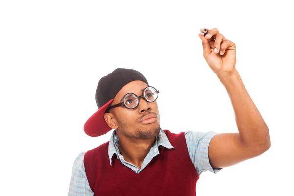 Negro chico nerd con pluma en sus manos —  Fotos de Stock