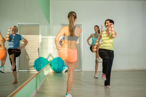 Pequeno grupo de mulheres está fazendo exercícios de aeróbica na aptidão — Fotografia de Stock