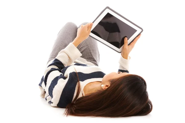 Smiling asian girl with tablet pc — Stock Photo, Image