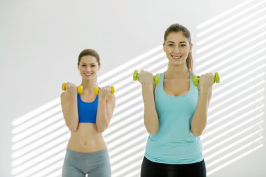 İki çekici kadın dumbbells ile egzersizleri yapıyor