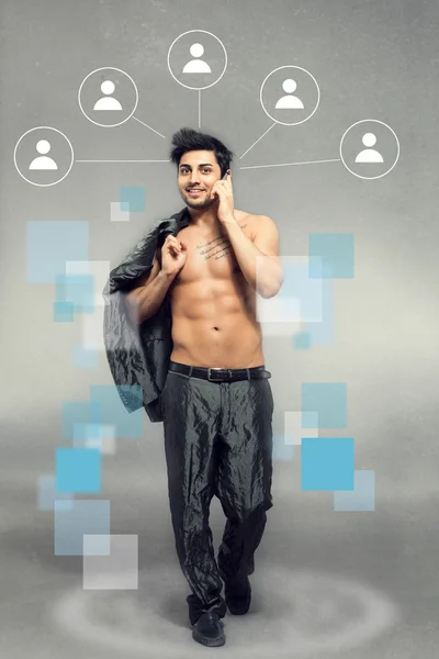 Caucasian man with naked chest walking while phoning — Stock Photo, Image