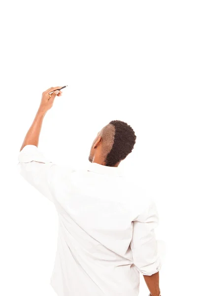Αφρικανική άνθρωπος πλησιάζει στον τοίχο πάνω από το λευκό απομονωμένες αμουδερές — Φωτογραφία Αρχείου