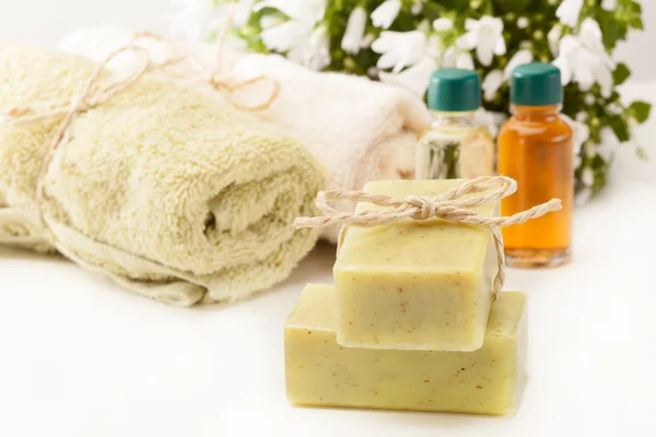 Olive soap and essential oil Stock Image