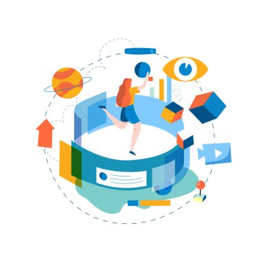 Dijital içerik yönetimi, çevrimiçi içerik oluşturma, mobil ve web grafikleri için çevrimiçi haber düz vektör çizimi tasarımı. Web sitesi optimizasyonu, web içeriği geliştirme kavramı