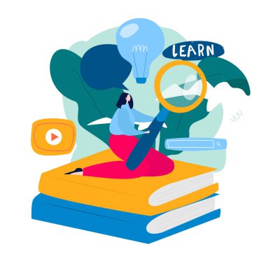 Eğitim, uzaktan eğitim, internet eğitimi, e-öğrenme düz vektör çizimi. Çevrimiçi sınıflar, eğitim kursları, dersler, mobil ve web grafikleri için çevrimiçi eğitim tasarımı