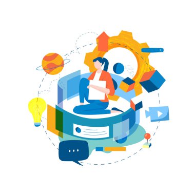 Dijital içerik yönetimi, çevrimiçi içerik oluşturma, mobil ve web grafikleri için çevrimiçi haber düz vektör çizimi tasarımı. Web sitesi optimizasyonu, web içeriği geliştirme kavramı