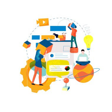 Dijital içerik yönetimi, çevrimiçi içerik oluşturma, mobil ve web grafikleri için çevrimiçi haber düz vektör çizimi tasarımı. Web sitesi optimizasyonu, web içeriği geliştirme kavramı