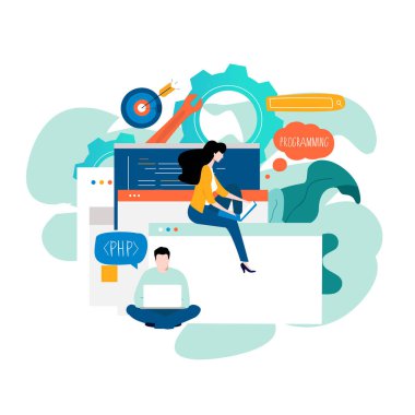 Mobil ve web grafikleri için kodlama, programlama, uygulama ve web geliştirme düz vektör illüstrasyon tasarımı