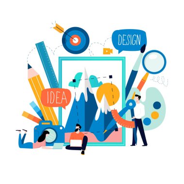 Tasarım stüdyosu, tasarım, grafik tasarım, çizim, sanat, yaratıcı fikirler, eğitim düz vektör çizimi. Mobil ve web grafikleri için çevrimiçi kurslar ve öğretim konsepti
