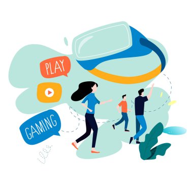 Sanal gerçeklik gözlükleri düz vektör illüstrasyonlu VR oyun konsepti. Mobil ve web grafikleri için sanal gerçeklik platformu tasarımı