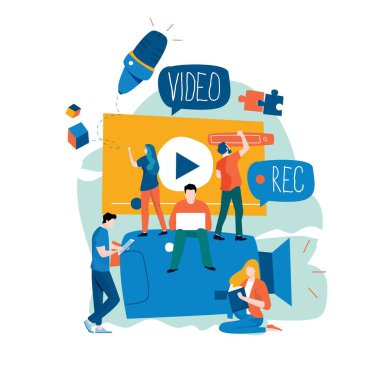 Video üretimi, video görüntüleri düzenleme ve montaj, mobil ve web grafikleri için video içeriği düz vektör illüstrasyon tasarımı oluşturma