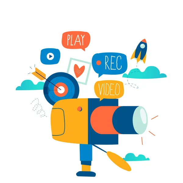 Productie Van Videocamera Filmen Van Videobeelden Platte Vector Illustratie Ontwerp — Stockvector