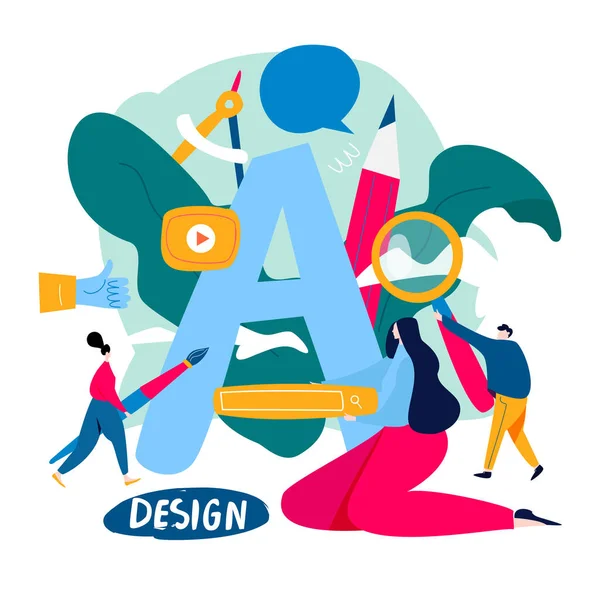 Tasarım stüdyosu, tasarım, çizim, grafik tasarım, sanat, yaratıcı fikirler, tipografi, eğitim düz vektör çizimi. Mobil ve web grafikleri için çevrimiçi kurslar ve öğretim konsepti