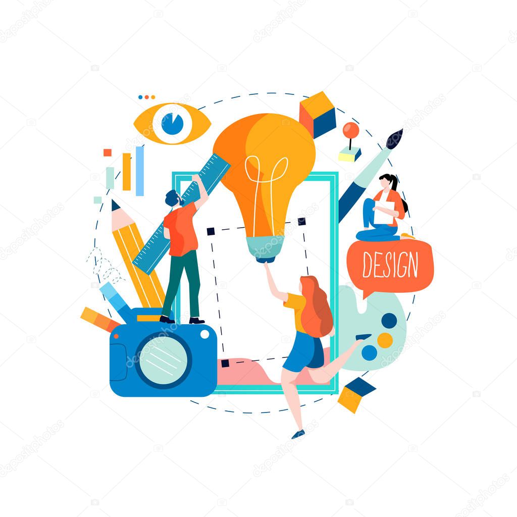 Design studio, designing, graphic design, drawing, art, creative ideas, education flat vector illustration. Online courses and tutorials concept for mobile and web graphics