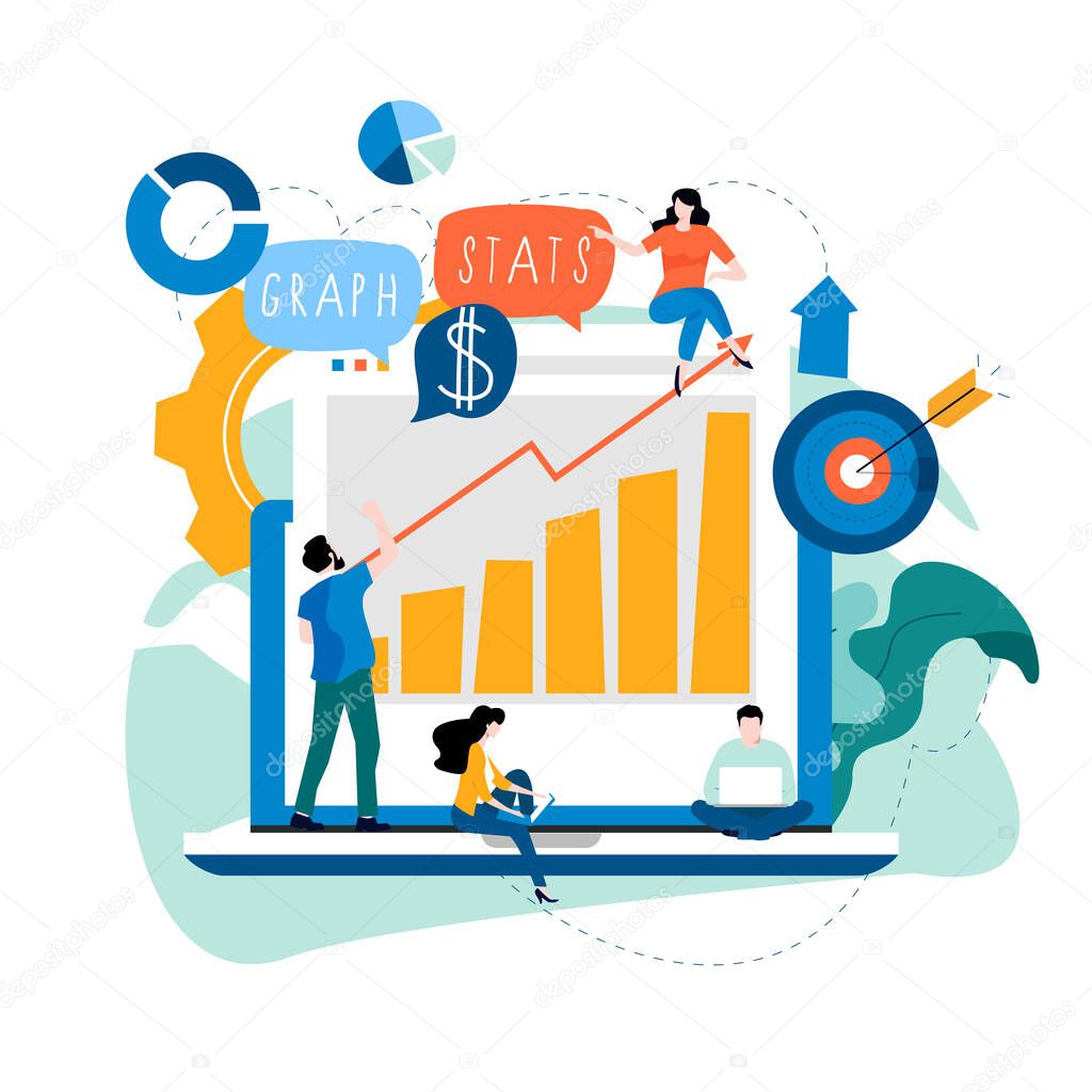 Data analysis, seo analytics, business data review, business graph statistics, financial research report, financial infographics flat vector illustration design for mobile and web graphics