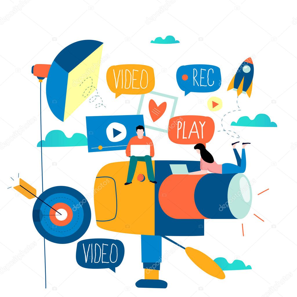 Video camera production, filming video footage flat vector illustration design. Video streaming, digital camera recording, colorful camcorder