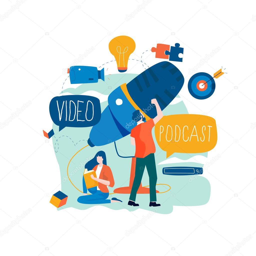 Podcast recording, audio podcast, online show, live streaming, broadcast concept flat vector illustration